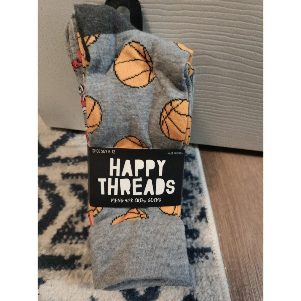 Men's Happy Threads Sports Basketball Crew Socks (US 6-12) 4 Pairs! New